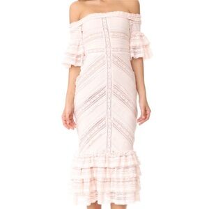 Cinq a Sept Naya ivory off the shoulder lace mermaid midi dress